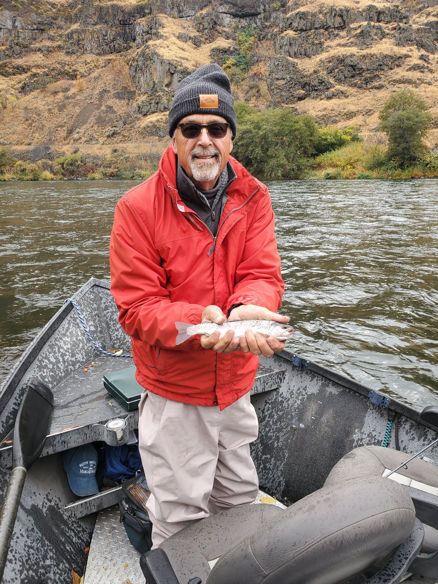 Fishoholic Fishing Beanie - Watch Cap - Stocking Hat - Blk/Gry w' Leather Patch w' Fishoholic Logo