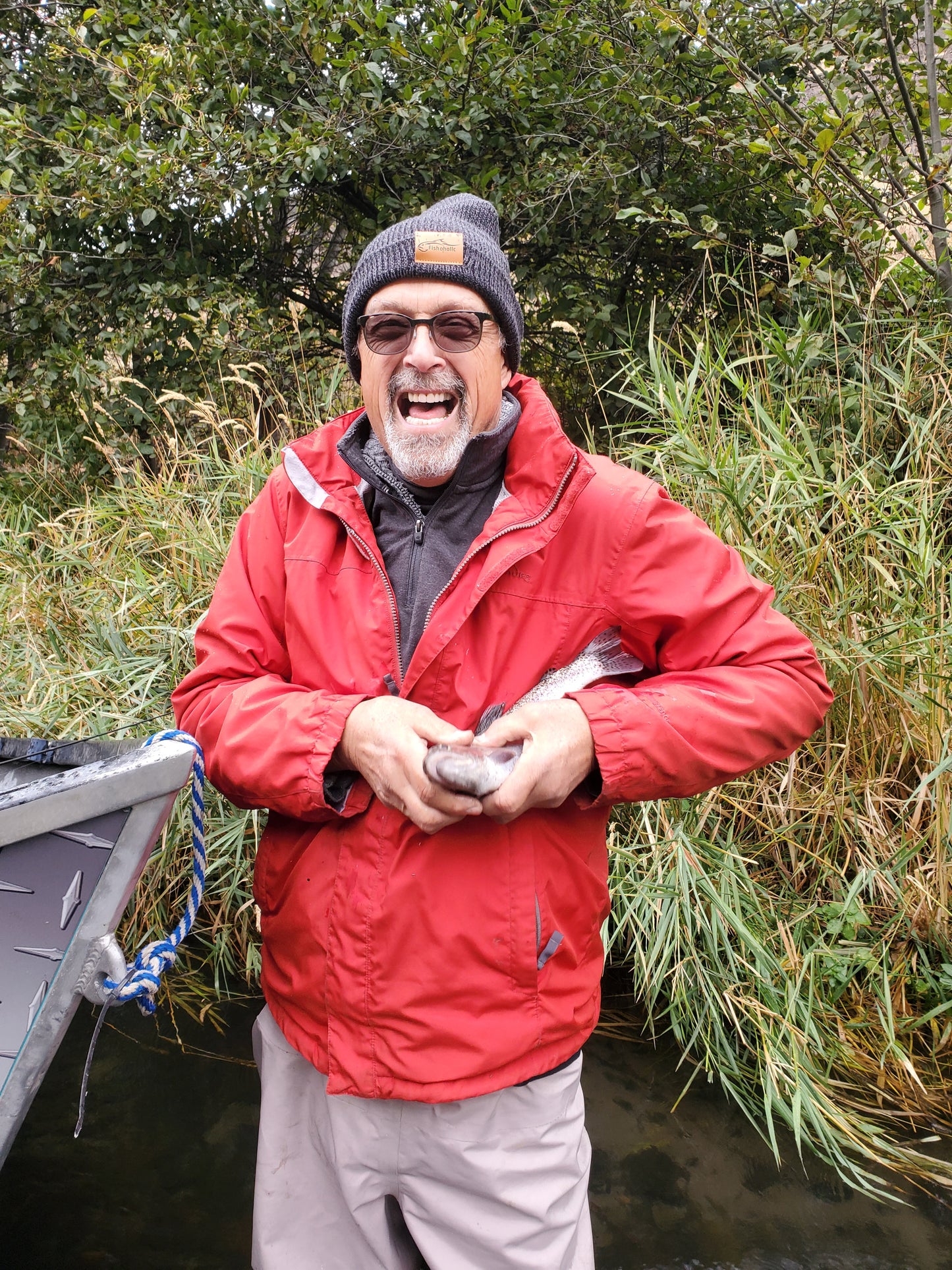 Fishoholic Fishing Beanie - Watch Cap - Stocking Hat - Blk/Gry w' Leather Patch w' Fishoholic Logo