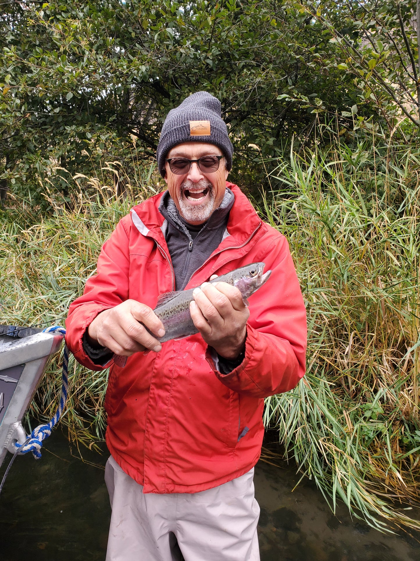 Fishoholic Fishing Beanie - Watch Cap - Stocking Hat - Blk/Gry w' Leather Patch w' Fishoholic Logo