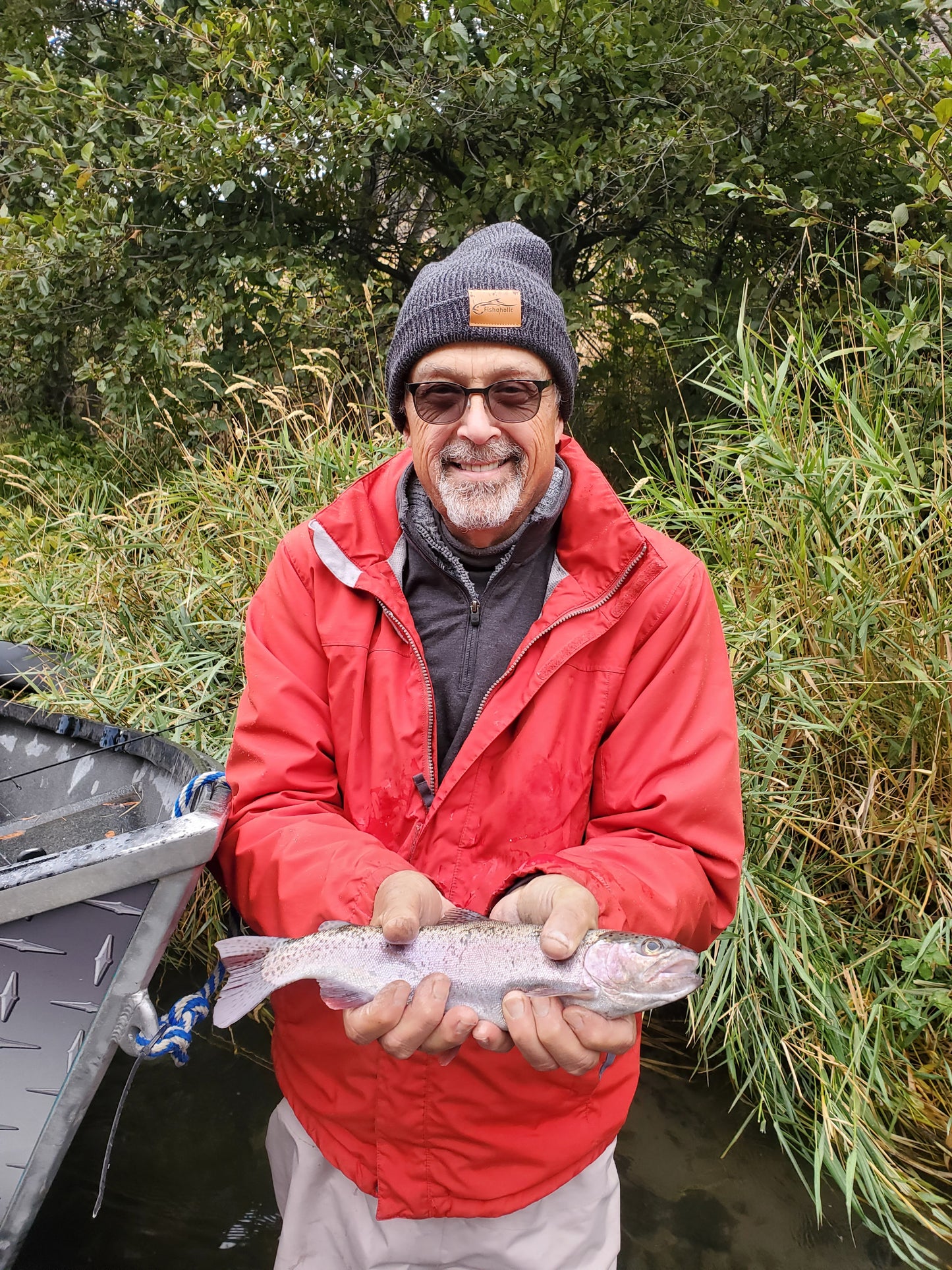 Fishoholic Fishing Beanie - Watch Cap - Stocking Hat - Blk/Gry w' Leather Patch w' Fishoholic Logo