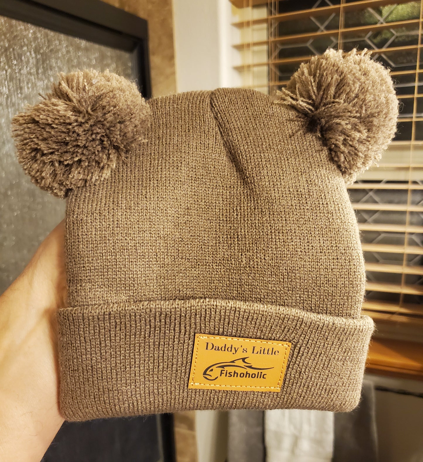 Fishoholic DADDY's LITTLE Fishoholic BABY Beanie - Stocking Hat - 2 PomPom's, Brown w' Leather Patch