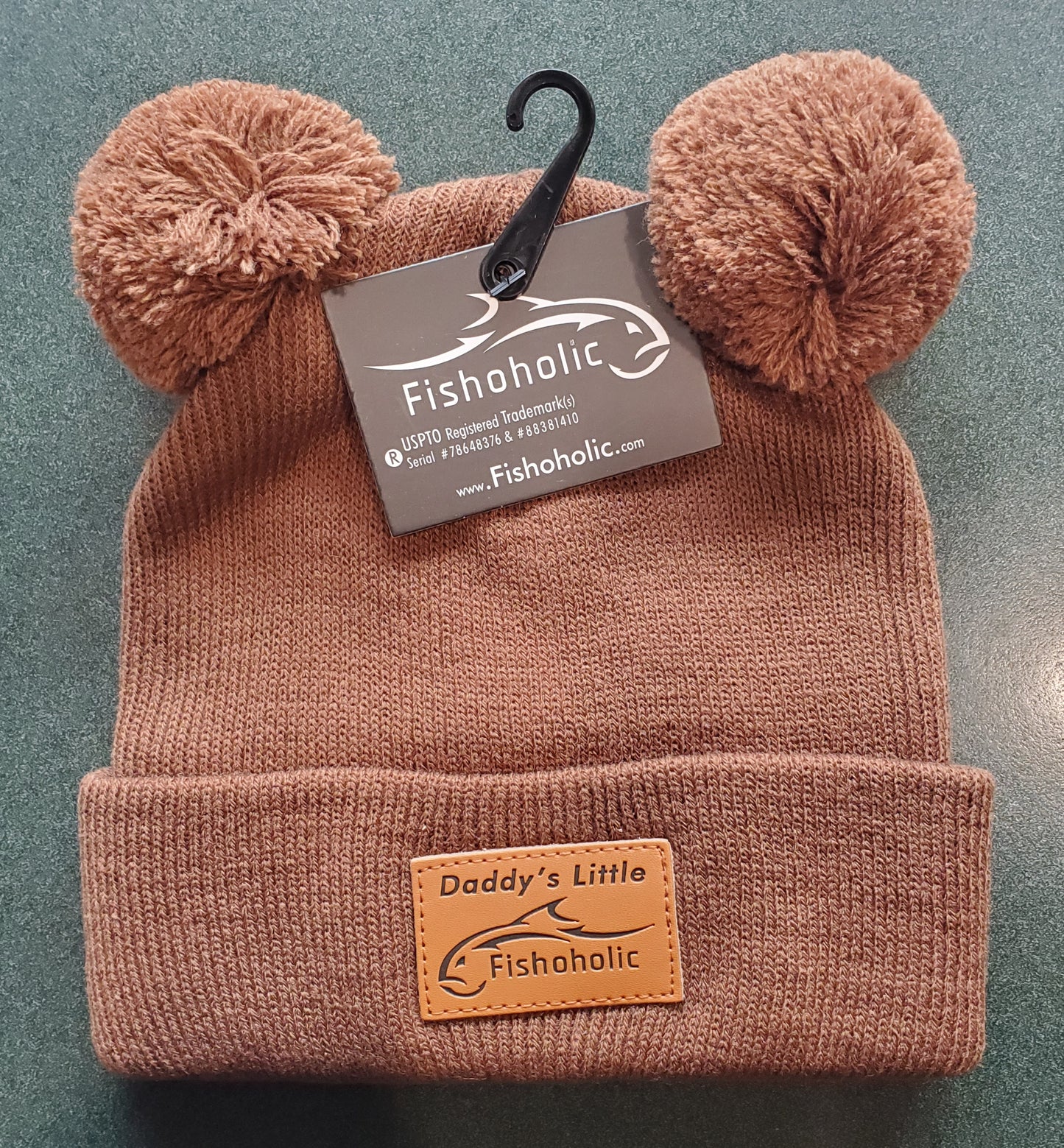 Fishoholic DADDY's LITTLE Fishoholic BABY Beanie - Stocking Hat - 2 PomPom's, Brown w' Leather Patch