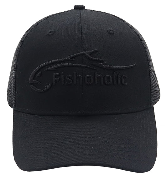 Fishoholic Snap-BLKonBLK Snapback Fishing Hat – Trucker Hat w’ Mesh Back & Snap Closure (1 size fits most)