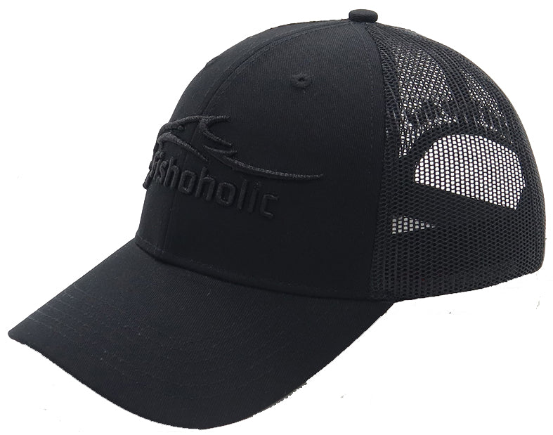 Fishoholic Snap-BLKonBLK Snapback Fishing Hat – Trucker Hat w’ Mesh Back & Snap Closure (1 size fits most)