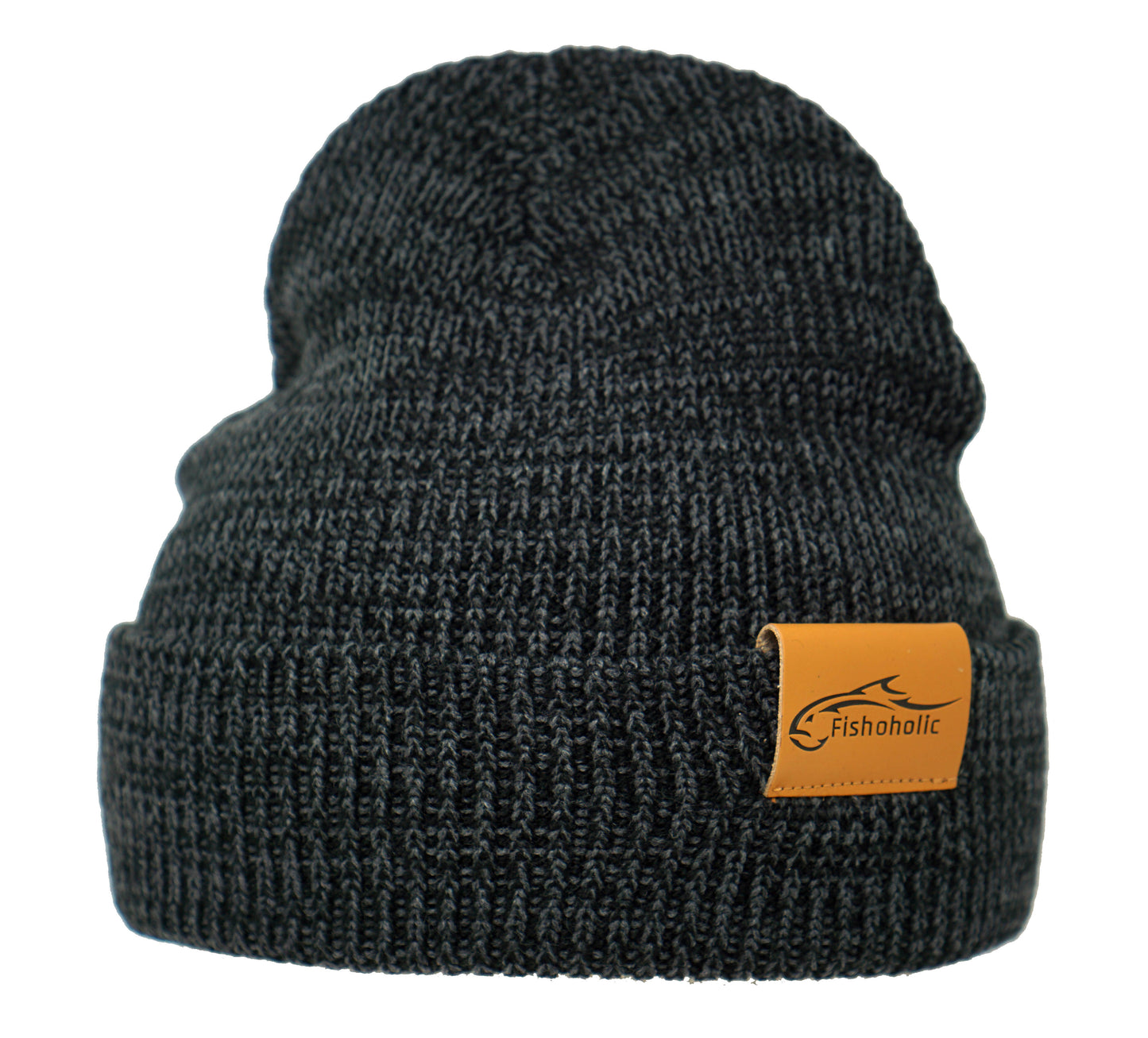 Fishoholic Fishing Beanie - Watch Cap - Stocking Hat - Blk/Gry w' Leather Patch w' Fishoholic Logo