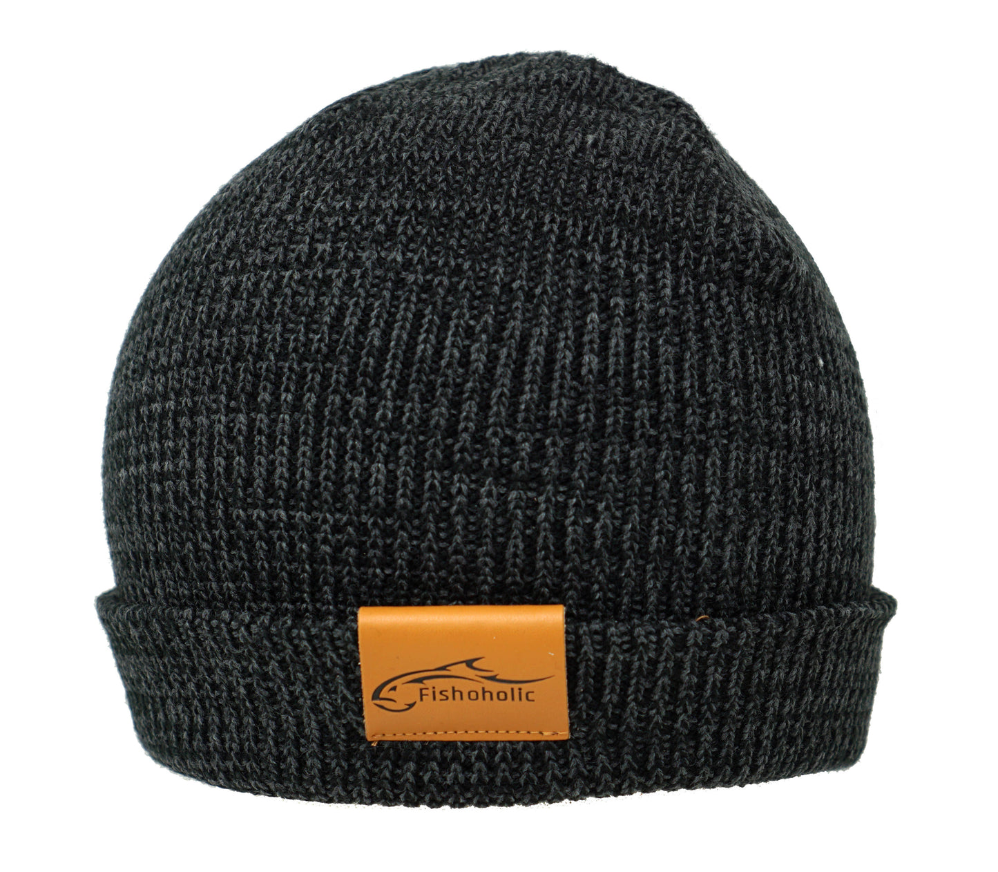 Fishoholic Fishing Beanie - Watch Cap - Stocking Hat - Blk/Gry w' Leather Patch w' Fishoholic Logo