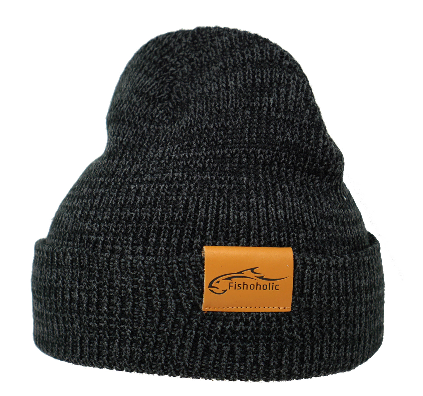 Fishoholic Fishing Beanie - Watch Cap - Stocking Hat - Blk/Gry w' Leather Patch w' Fishoholic Logo