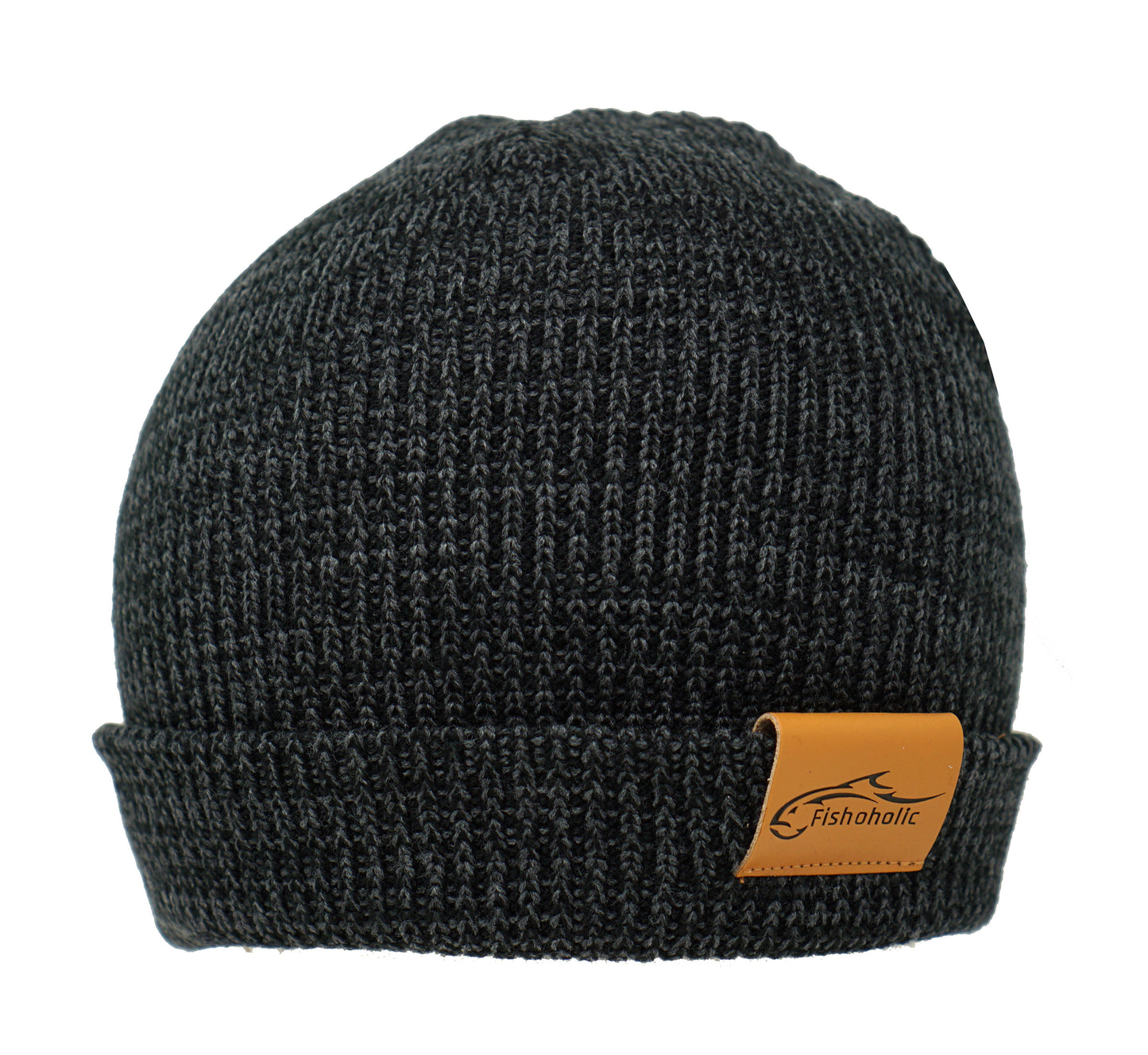 Fishoholic Fishing Beanie - Watch Cap - Stocking Hat - Blk/Gry w' Leather Patch w' Fishoholic Logo