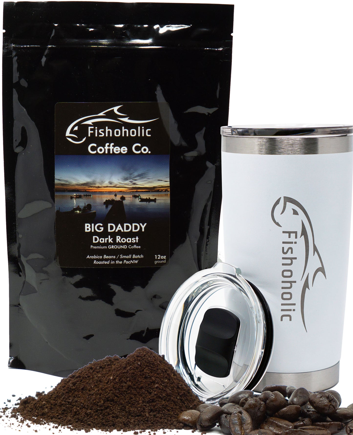 Fishoholic COFFEE CO. - "Big Daddy" Dark Roast Ground Coffee - Small Batch Arabica Beans - Roasted in the PNW