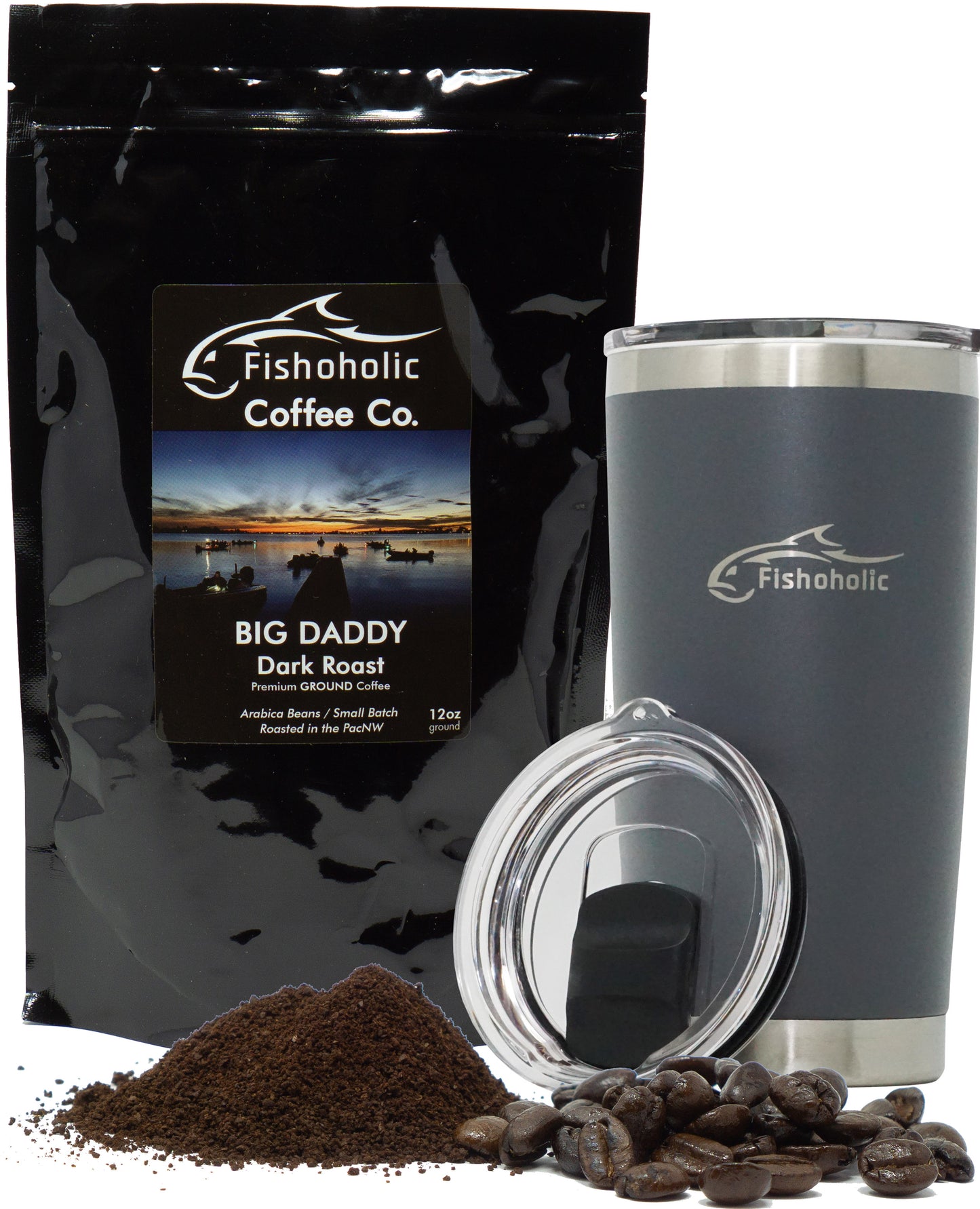 Fishoholic COFFEE CO. - "Big Daddy" Dark Roast Ground Coffee - Small Batch Arabica Beans - Roasted in the PNW