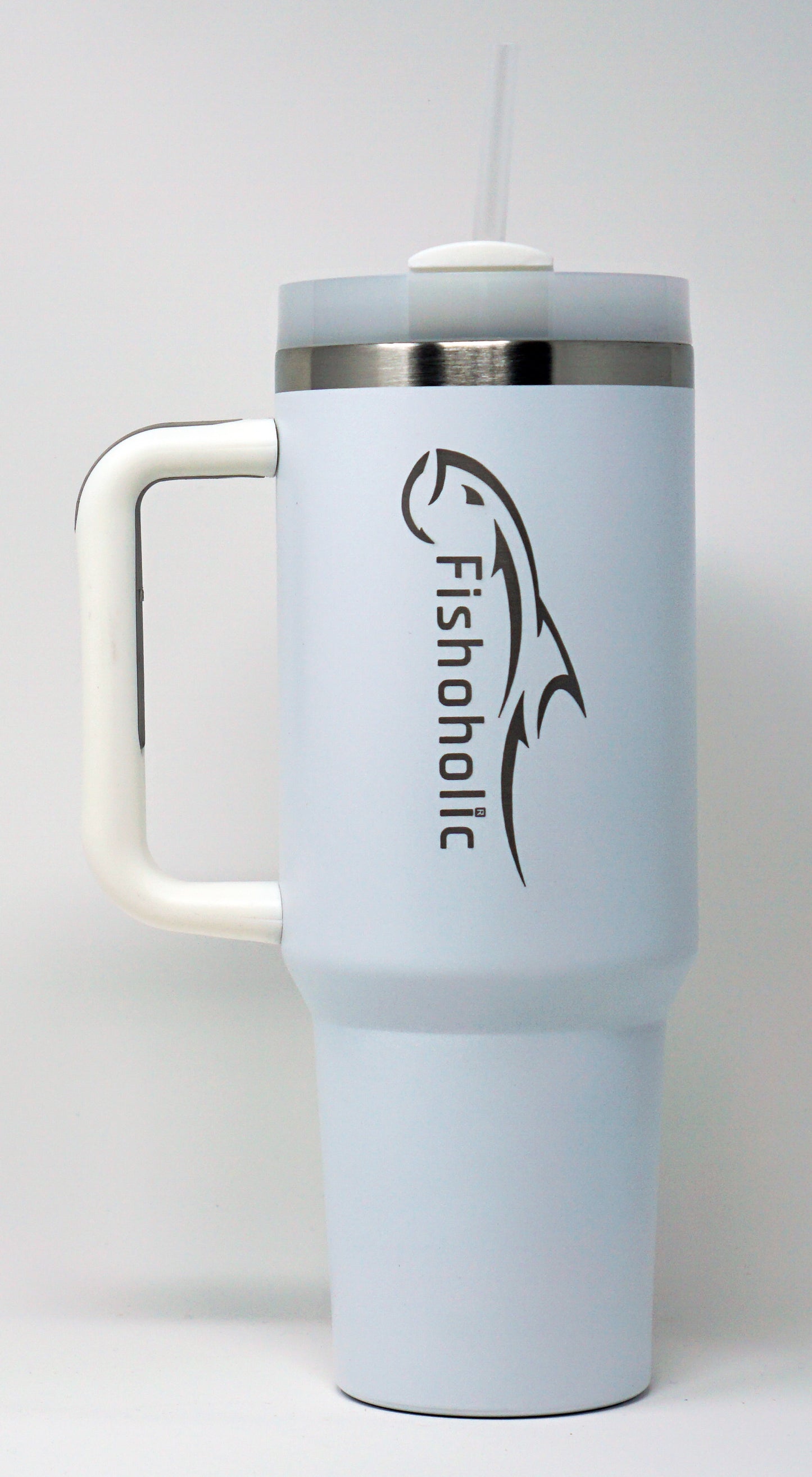 Fishoholic WHT 40oz w' Handle, Lid & Straw - Tumbler Mug Keg - Double Wall Stainless Steel Vacuum Insulated