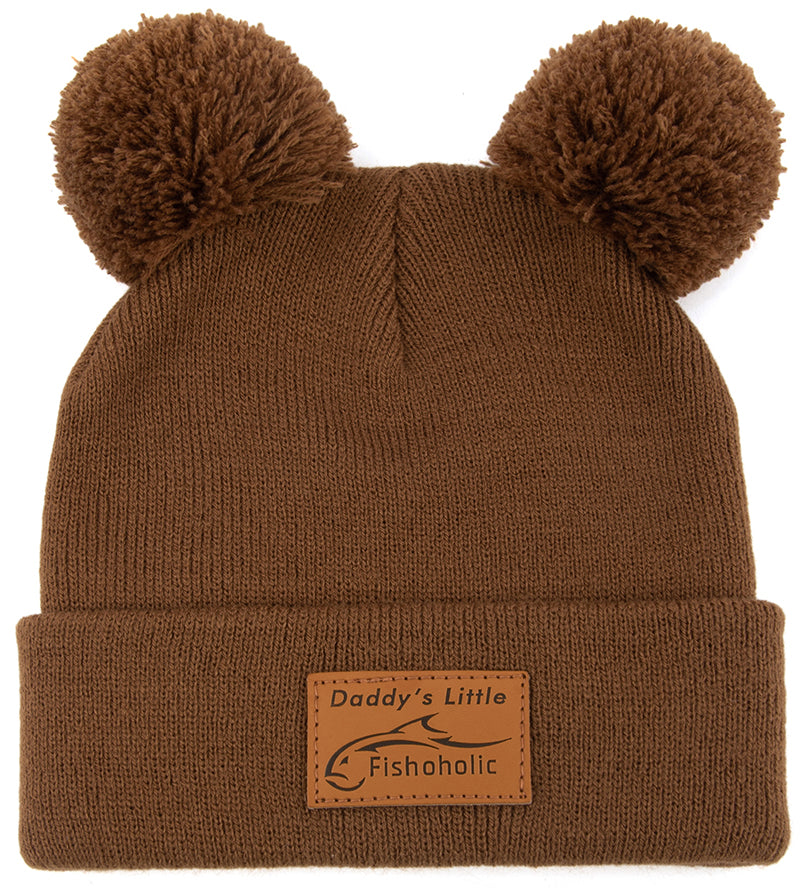 Fishoholic DADDY's LITTLE Fishoholic BABY Beanie - Stocking Hat - 2 PomPom's, Brown w' Leather Patch