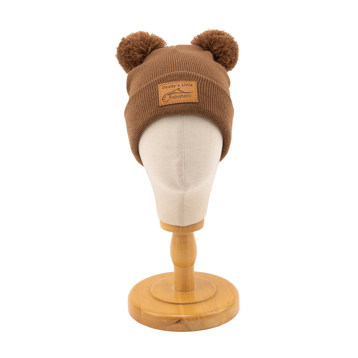 Fishoholic DADDY's LITTLE Fishoholic BABY Beanie - Stocking Hat - 2 PomPom's, Brown w' Leather Patch
