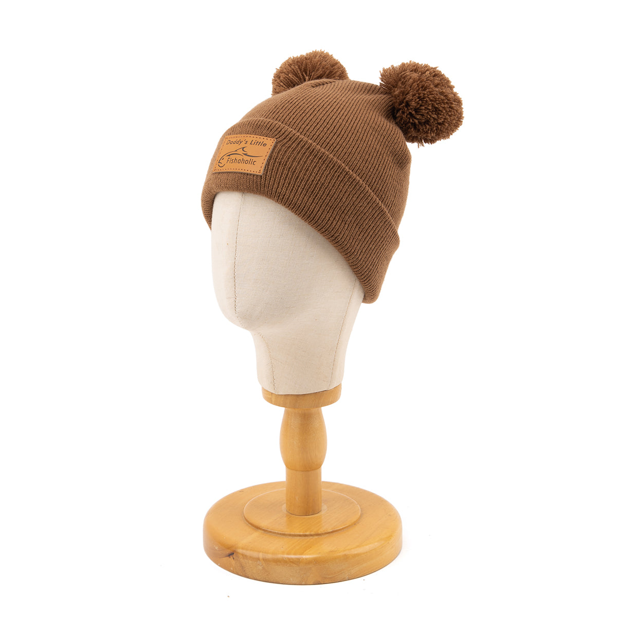 Fishoholic DADDY's LITTLE Fishoholic BABY Beanie - Stocking Hat - 2 PomPom's, Brown w' Leather Patch