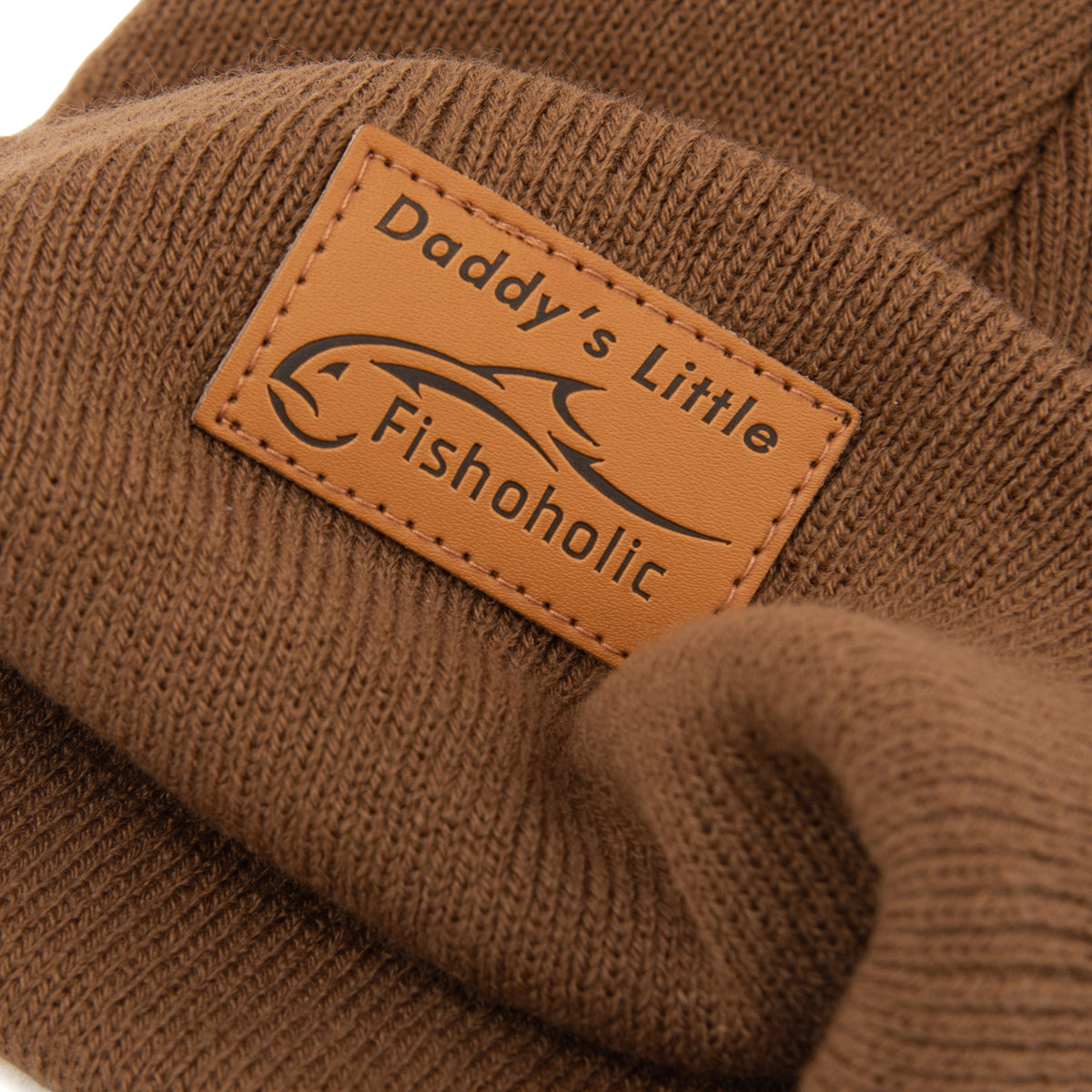 Fishoholic DADDY's LITTLE Fishoholic BABY Beanie - Stocking Hat - 2 PomPom's, Brown w' Leather Patch