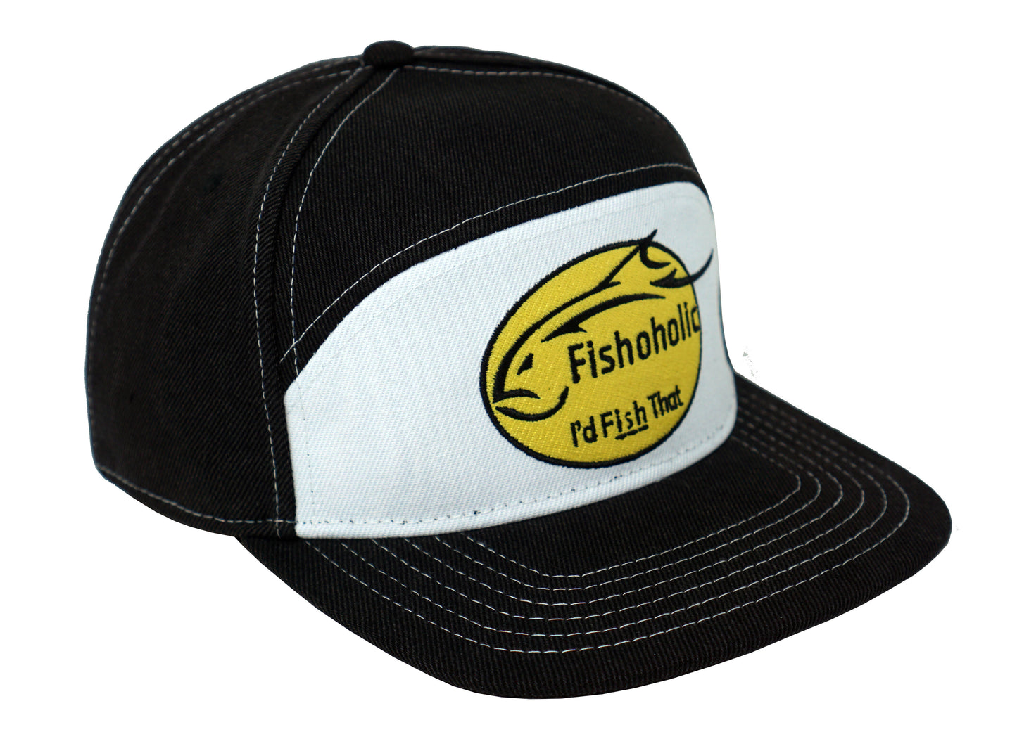 Fishoholic Snapback FLATBILL w' Yellow Logo Fishing Hat – Trucker Hat w’ Mesh Back & Snap Closure (1 size fits most)