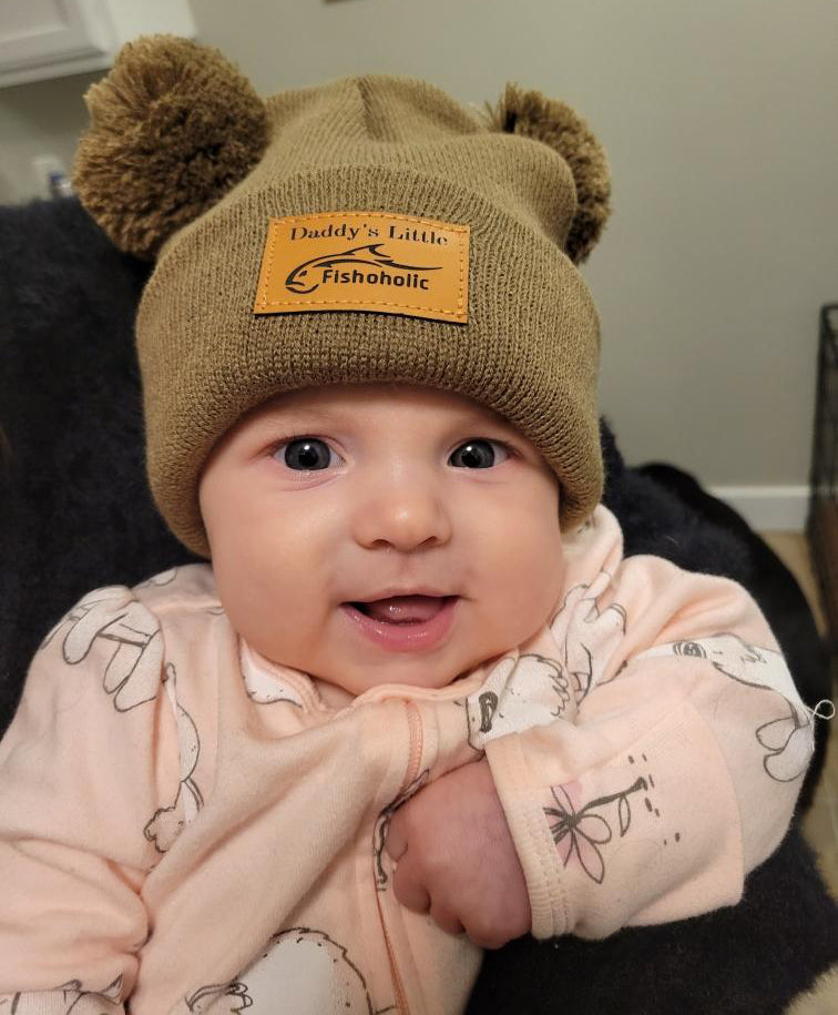 Fishoholic DADDY's LITTLE Fishoholic BABY Beanie - Stocking Hat - 2 PomPom's, Brown w' Leather Patch