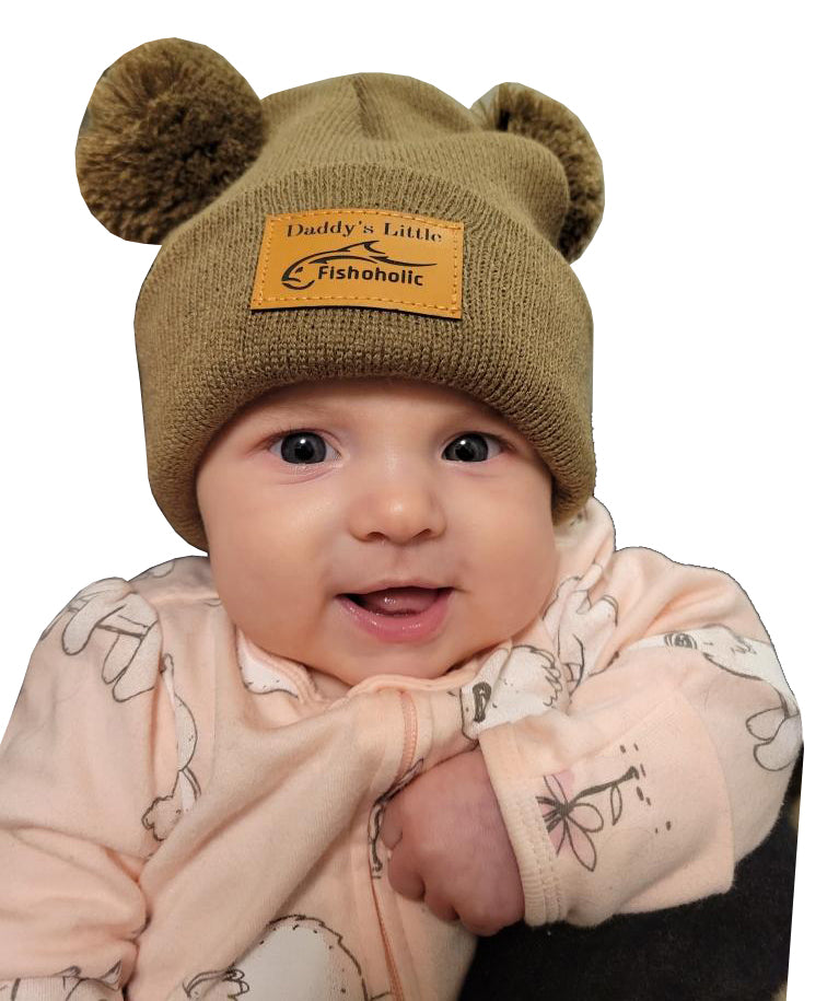 Fishoholic DADDY's LITTLE Fishoholic BABY Beanie - Stocking Hat - 2 PomPom's, Brown w' Leather Patch