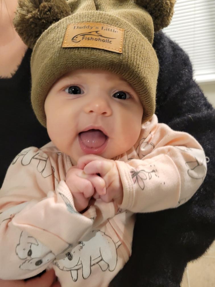 Fishoholic DADDY's LITTLE Fishoholic BABY Beanie - Stocking Hat - 2 PomPom's, Brown w' Leather Patch