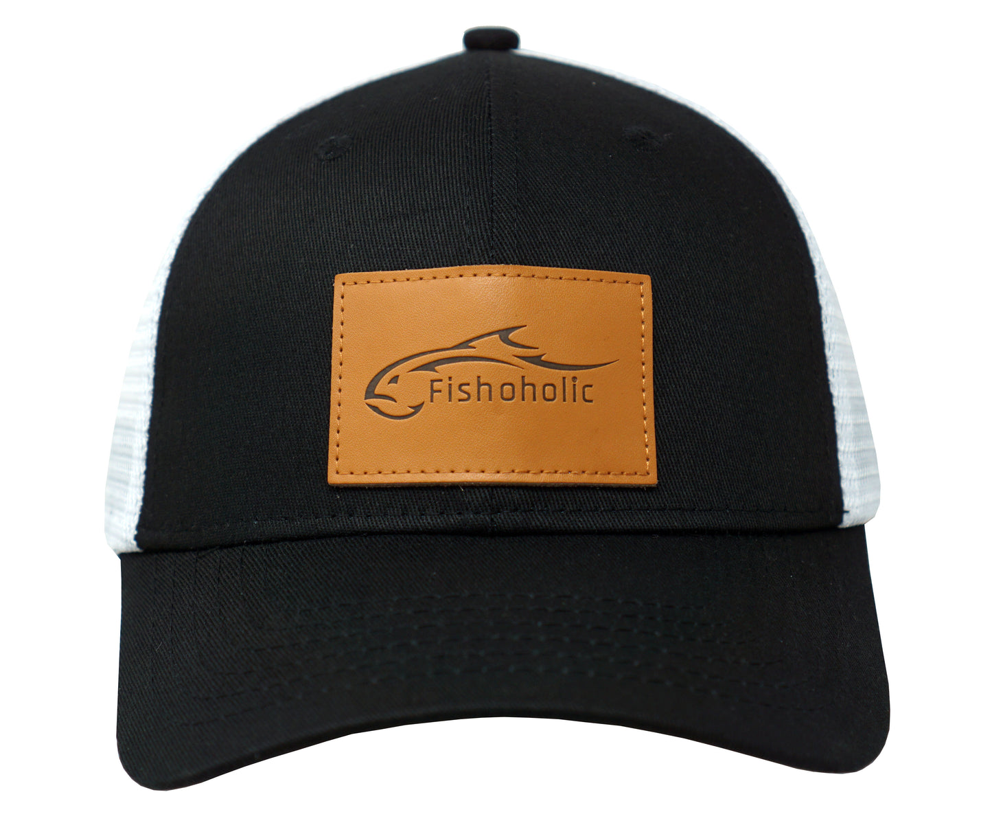 Fishoholic Snapback - Black/White w' Leather Patch - Fishing Hat – Trucker Hat w’ Mesh Back & Snap Closure (1 size fits most)