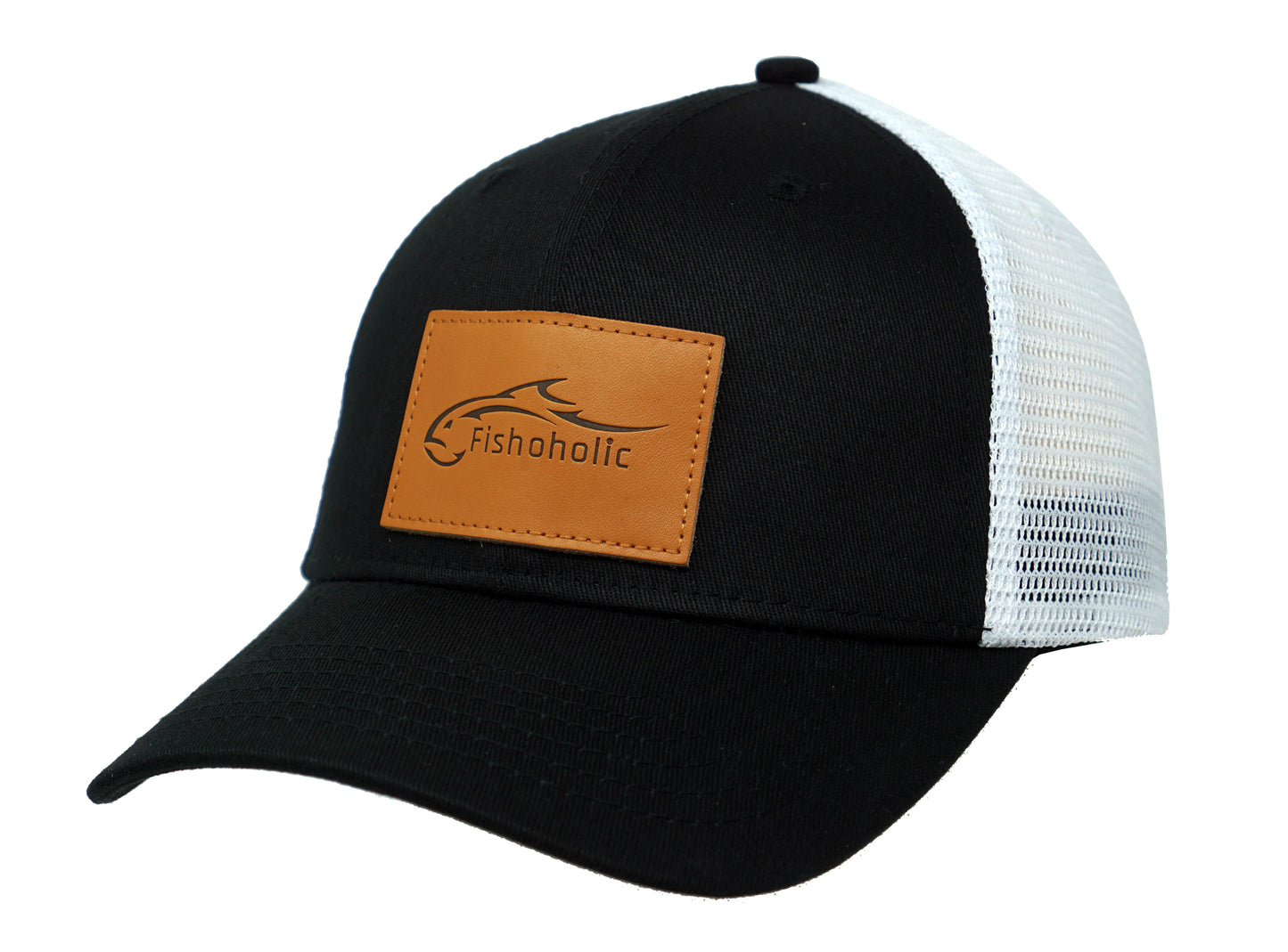 Fishoholic Snapback - Black/White w' Leather Patch - Fishing Hat – Trucker Hat w’ Mesh Back & Snap Closure (1 size fits most)