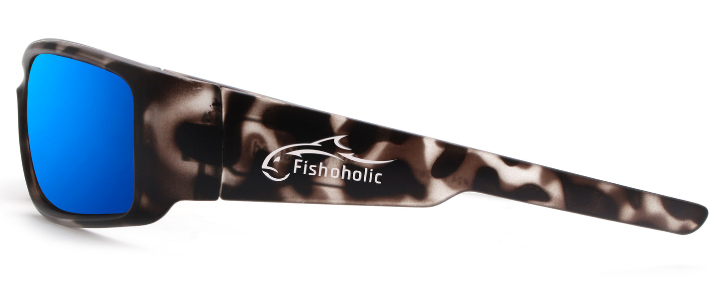 Fishoholic BlkCAMO-BLU Sunglasses - UV400 Polarized Sunglasses w' Case & Pouch