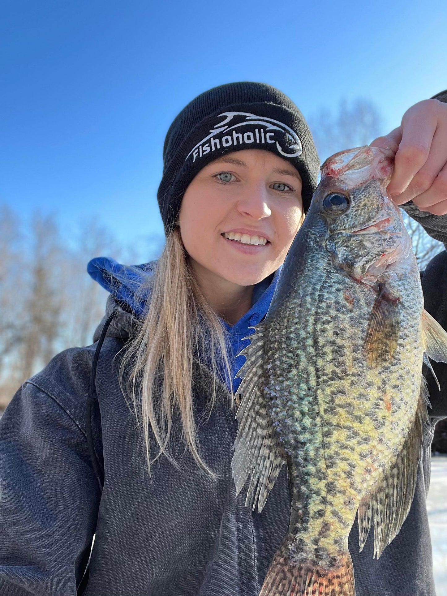 Fishoholic Fishing Beanie - Watch Cap - Stocking Hat - Blk/Gry w' Leather Patch w' Fishoholic Logo