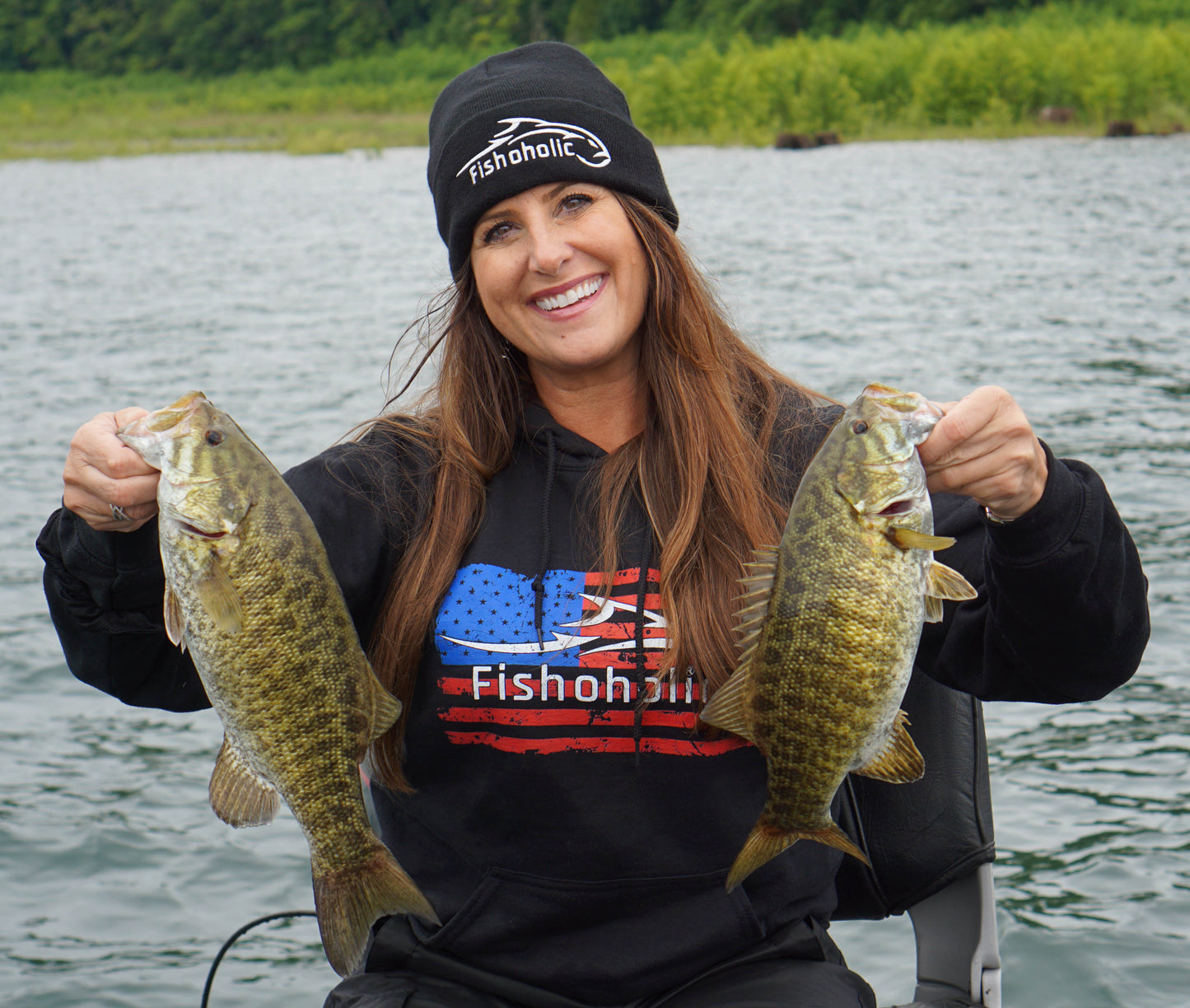 Fishoholic Fishing Beanie - Watch Cap - Stocking Hat - Blk/Gry w' Leather Patch w' Fishoholic Logo