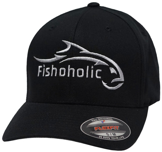 Fishoholic FlexFit Blk-SLVR-s/m Fishing Hat – Semi-Fitted Fishing Hat (FF-SLVR-s/m)