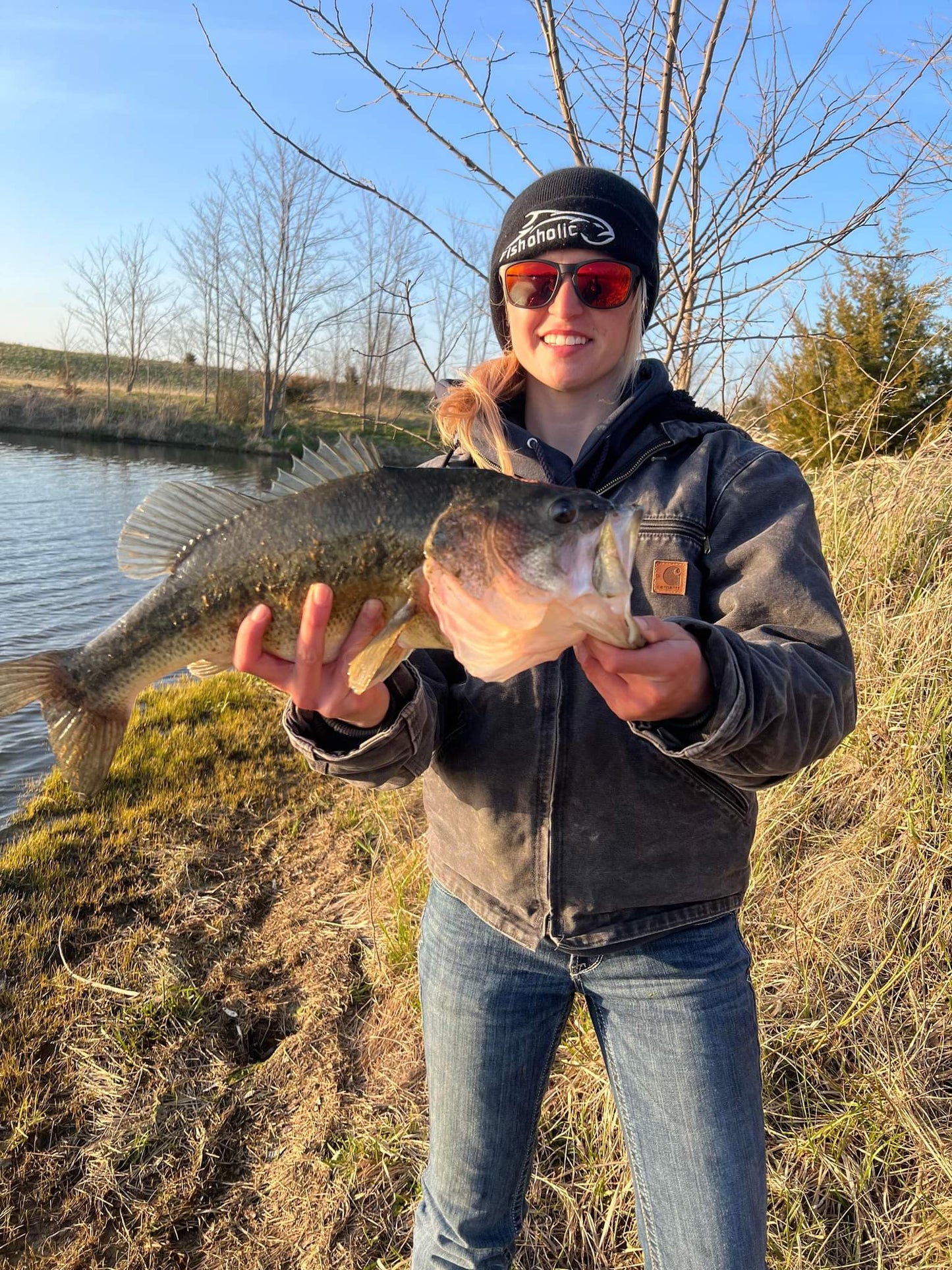 Fishoholic Fishing Beanie - Watch Cap - Stocking Hat - Blk/Gry w' Leather Patch w' Fishoholic Logo
