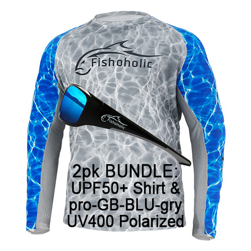 2pk Bundle: UPF50 Shirt & UV400 Sunglasses - pro-GB-BLU-gry Polarized Sunglasses & UPF50 Performance Fishing Shirt - Long Sleeve - Loose Fit - Breathable - Quick Drying Sun Protection