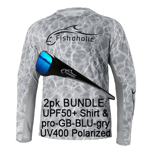 2pk Bundle: UPF50 Shirt & UV400 Sunglasses - pro-GB-BLU-gry Polarized Sunglasses & UPF50 Performance Fishing Shirt - Long Sleeve - Loose Fit - Breathable - Quick Drying Sun Protection