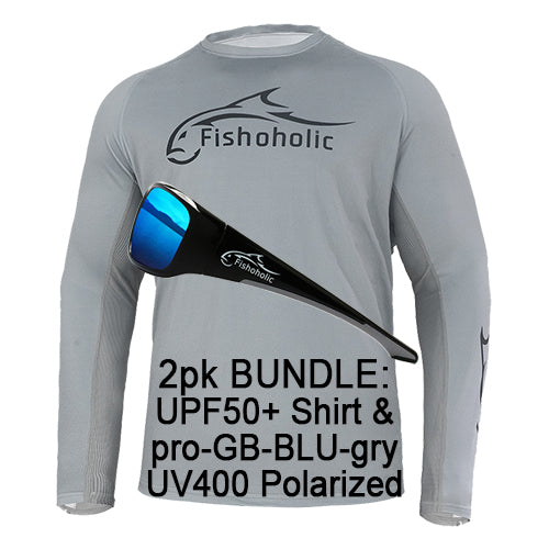 2pk Bundle: UPF50 Shirt & UV400 Sunglasses - pro-GB-BLU-gry Polarized Sunglasses & UPF50 Performance Fishing Shirt - Long Sleeve - Loose Fit - Breathable - Quick Drying Sun Protection