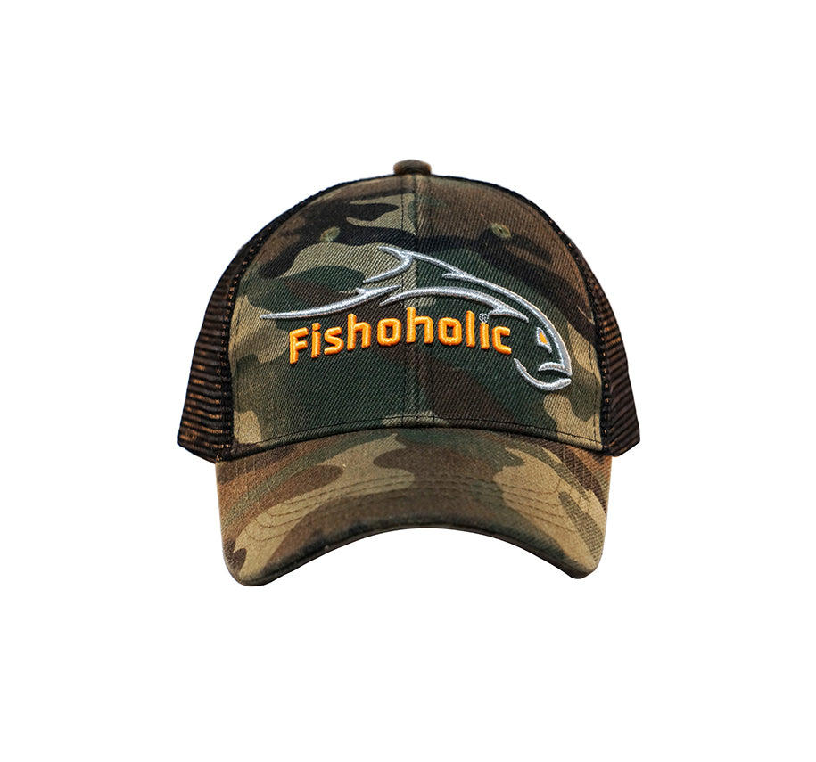 Fishoholic Snap-Camo-Blk Snapback Fishing Hat – Trucker Hat w' Mesh Ba