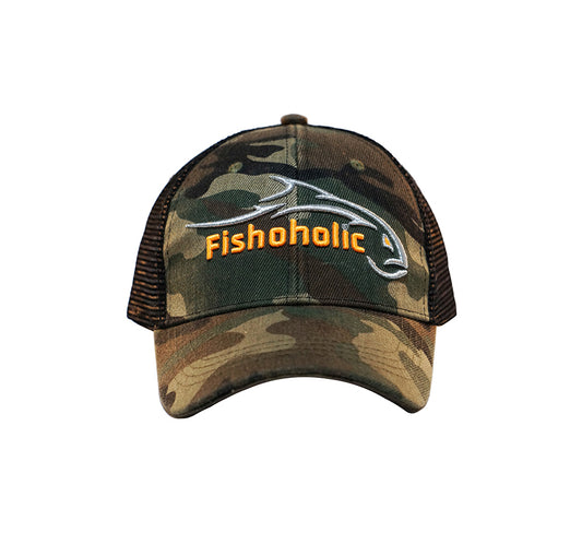 Fishoholic Snap-Camo-Blk Snapback Fishing Hat – Trucker Hat w’ Mesh Back & Snap Closure (1 size fits most)