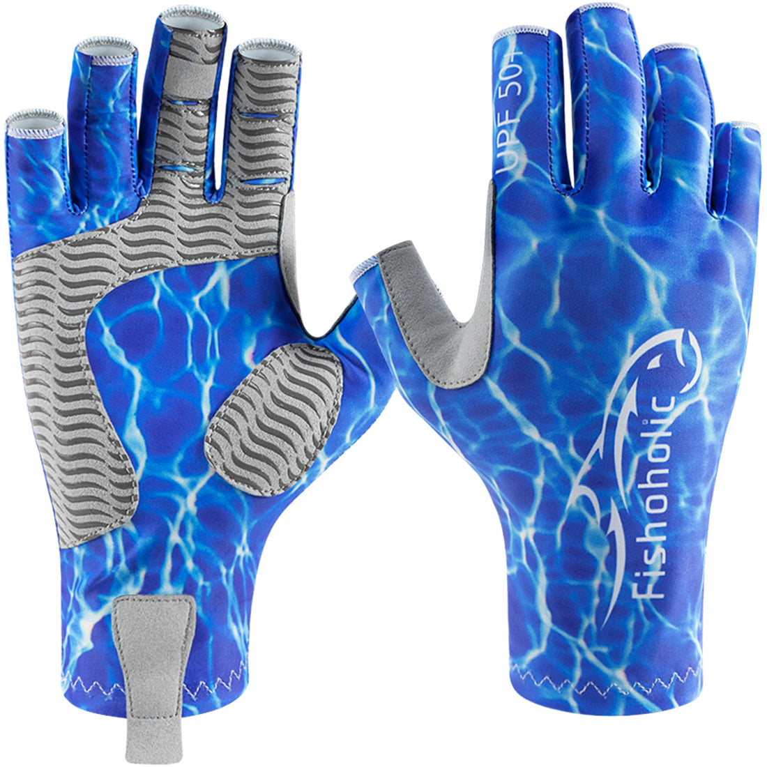 Fishoholic BLUE-l/xl Fingerless Fishing Gloves w' Super Grip - UPF50+ Sun Protection Glove