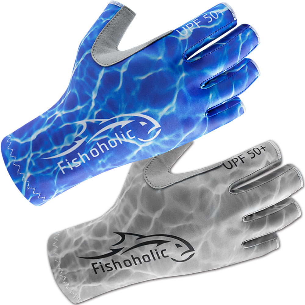 Fishoholic BLUE-l/xl Fingerless Fishing Gloves w' Super Grip - UPF50+ Sun Protection Glove