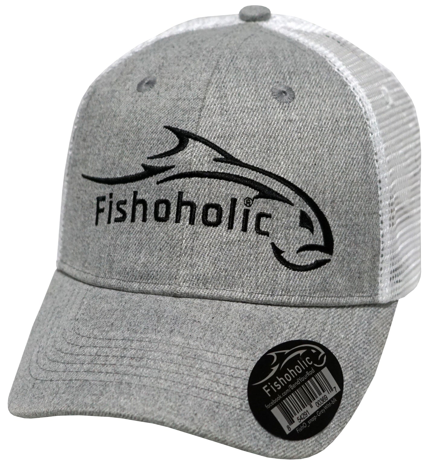 Fishoholic Snap-GRY-WHT Snapback Fishing Hat – Trucker Hat w’ Mesh Back & Snap Closure (1 size fits most)