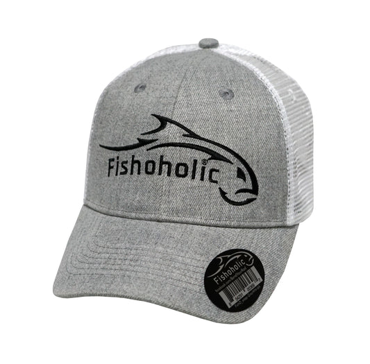 Fishoholic Snap-GRY-WHT Snapback Fishing Hat – Trucker Hat w’ Mesh Back & Snap Closure (1 size fits most)