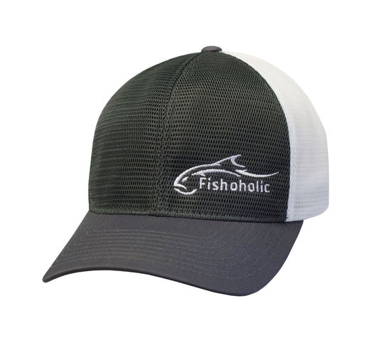Fishoholic FlexFit Mesh-GryWht-L/XL Fishing Hat – Semi-Fitted Fishing Hat (FF-Mesh-GryWht-LXL)