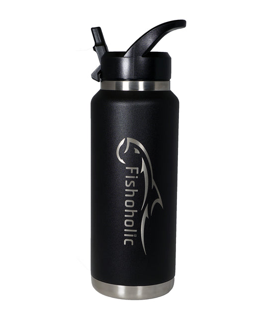 Fishoholic 36oz Bottle w' Flip Lid & Handle - Tumbler Mug Keg - Double Wall Stainless Steel Vacuum Insulated