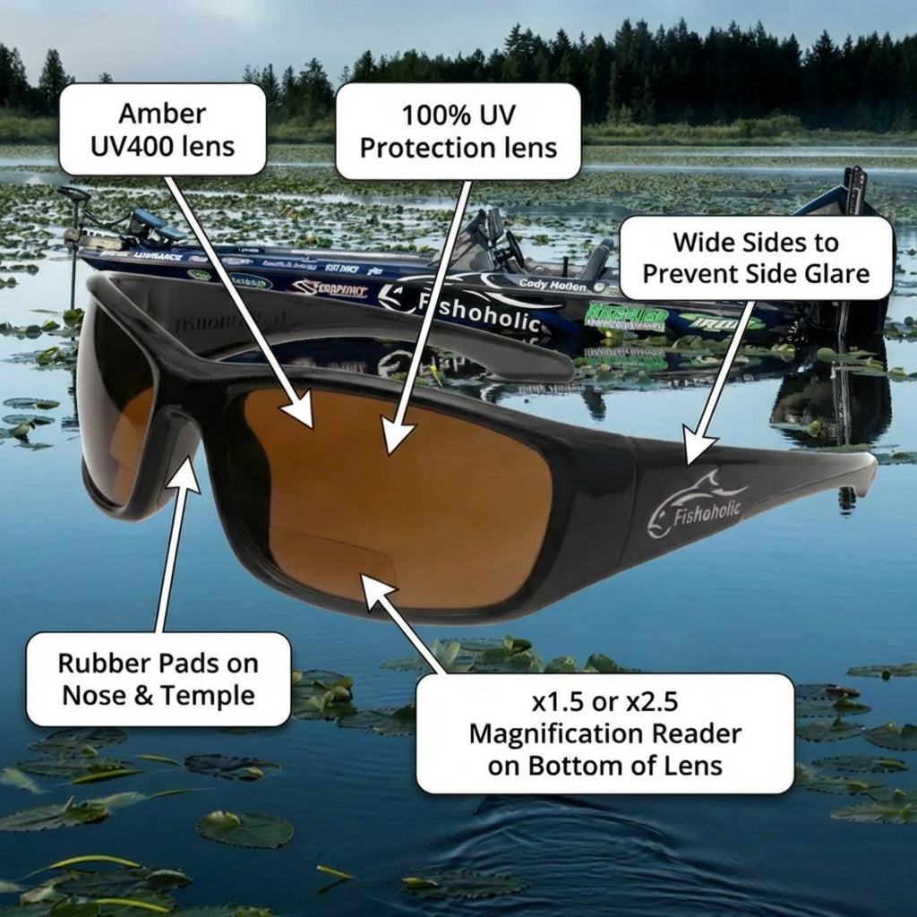 Fishoholic BI-FOCAL MB Frame AMBER LENS x1.5 reader - UV400 Polarized Fishing Sunglasses w' Reader