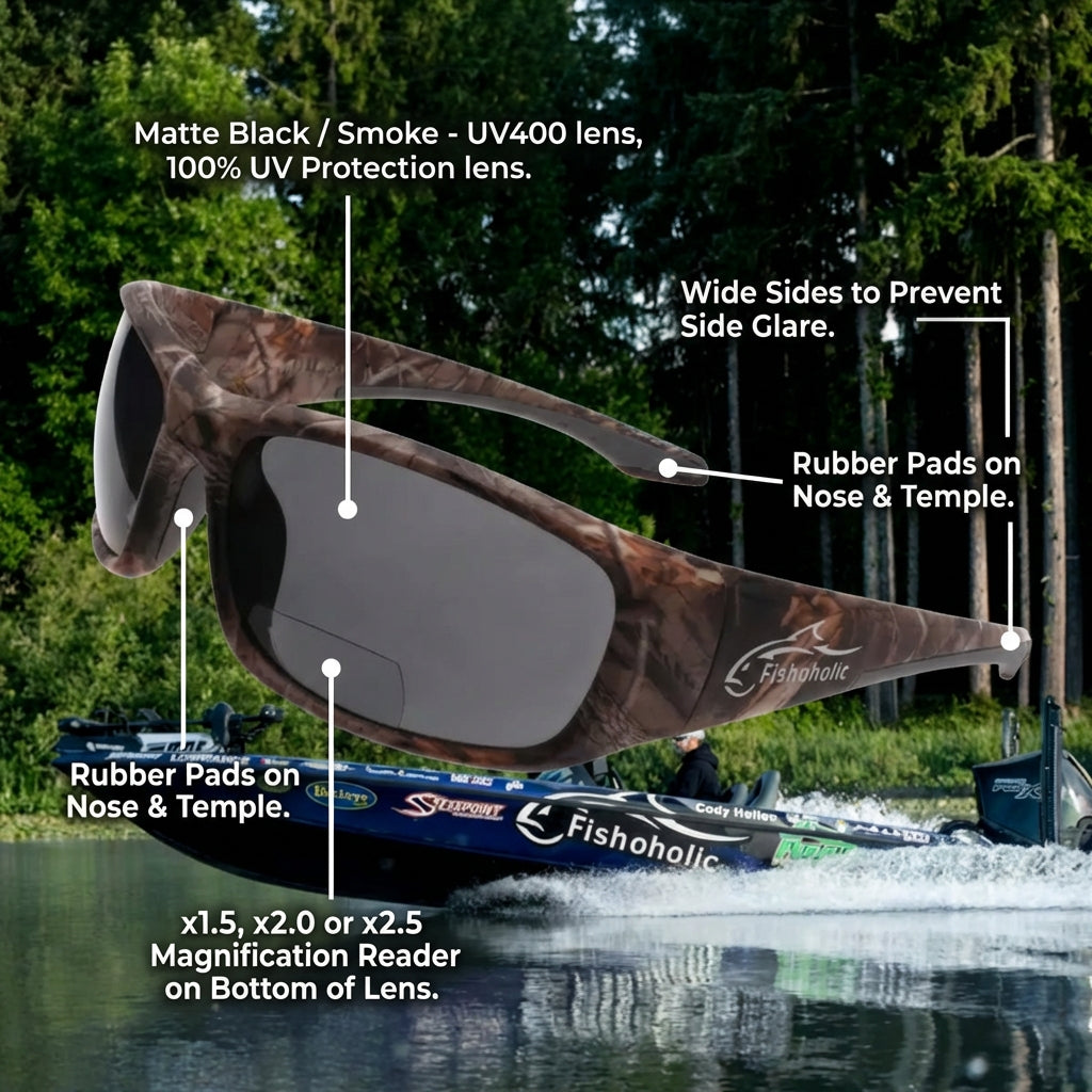 Fishoholic BI-FOCAL CAMO Frame x2.5 reader - UV400 Polarized Fishing Sunglasses w' Reader