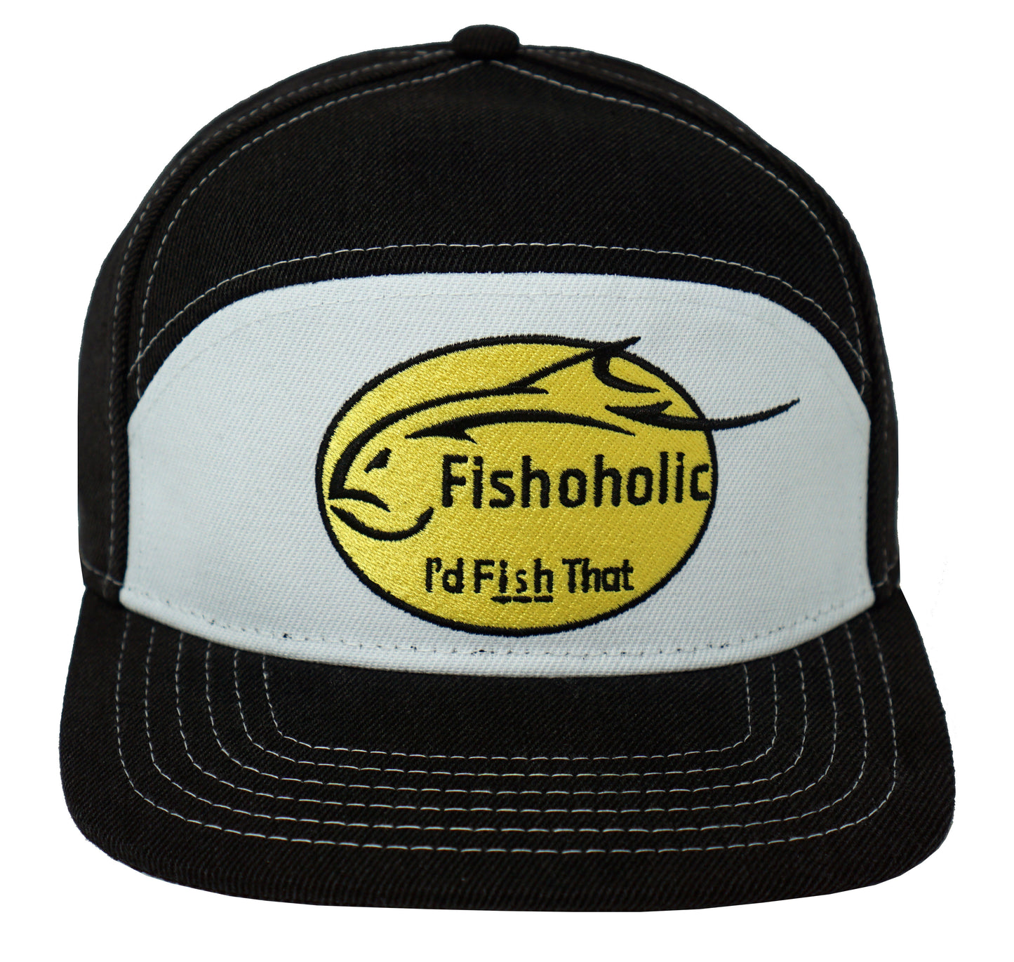 Fishoholic Snapback FLATBILL w' Yellow Logo Fishing Hat – Trucker Hat w’ Mesh Back & Snap Closure (1 size fits most)