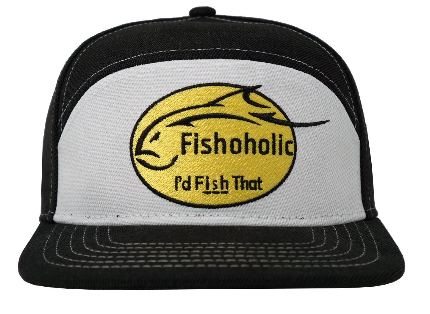 Fishoholic Snapback FLATBILL w' Yellow Logo Fishing Hat – Trucker Hat w’ Mesh Back & Snap Closure (1 size fits most)