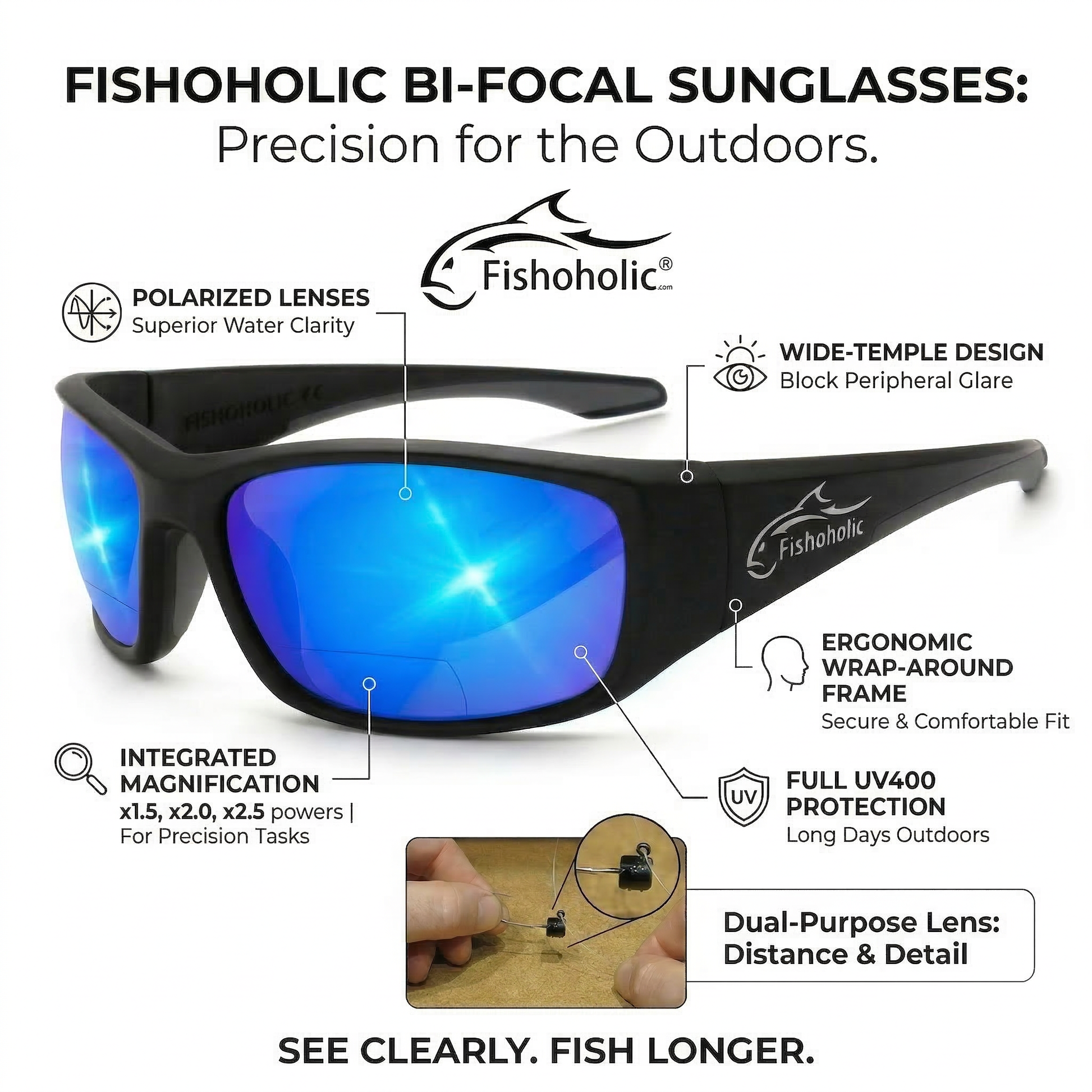 dllack lure fishing glasses Fishoholic BI-FOCAL x2.5-MB-BLU-blk UV400 Polarized Fishing Sunglasses w' x2.5 Reader