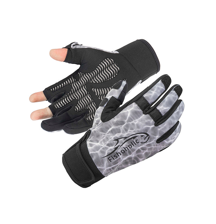 Fishoholic cwGLV-M  Cold-Weather Super-Sticky Fishing Gloves - 3 pull-back tips - tie lures & use phone