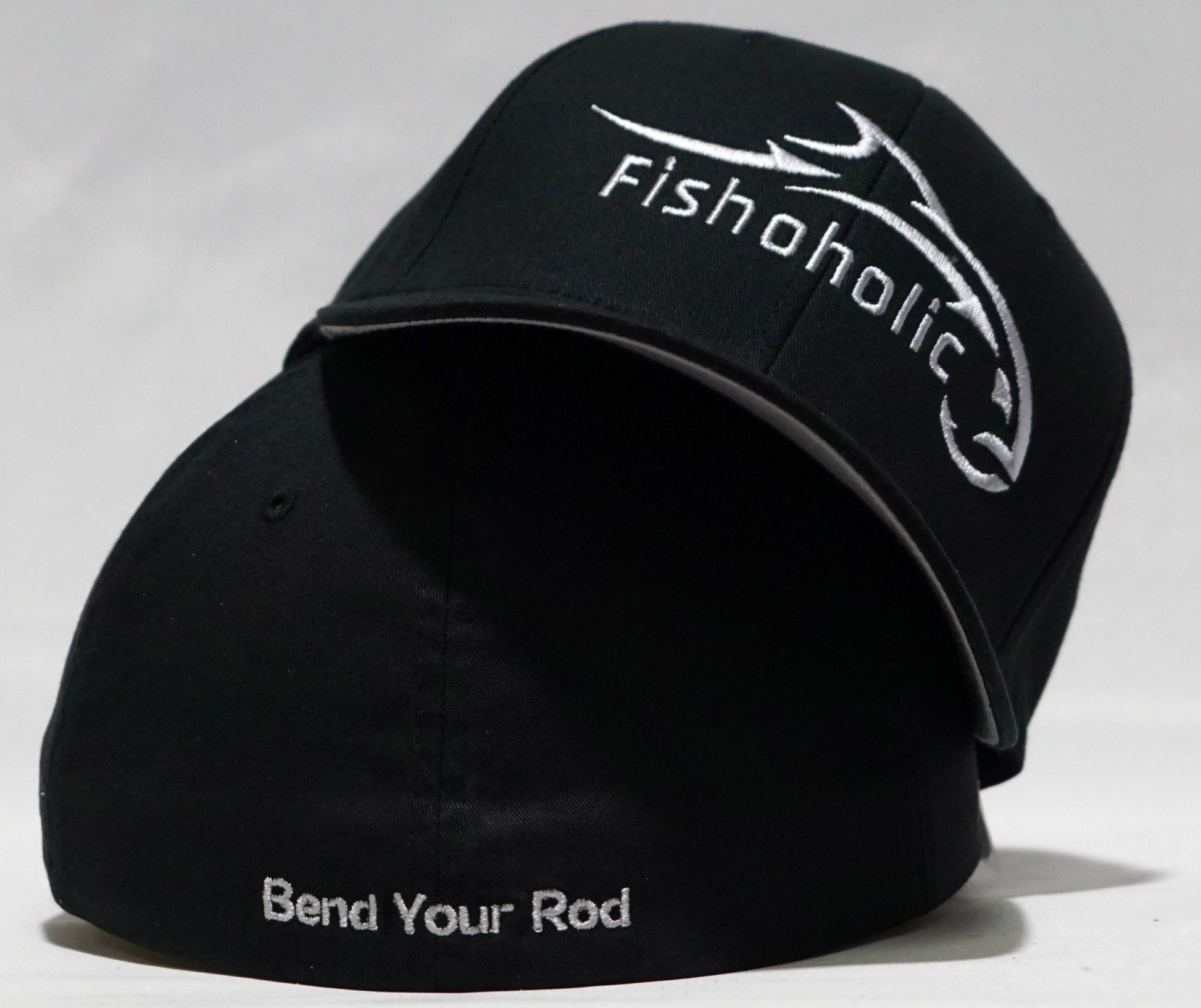 Fishoholic Baseball Flexfit Fishing Hat. All Silver Logo on Front