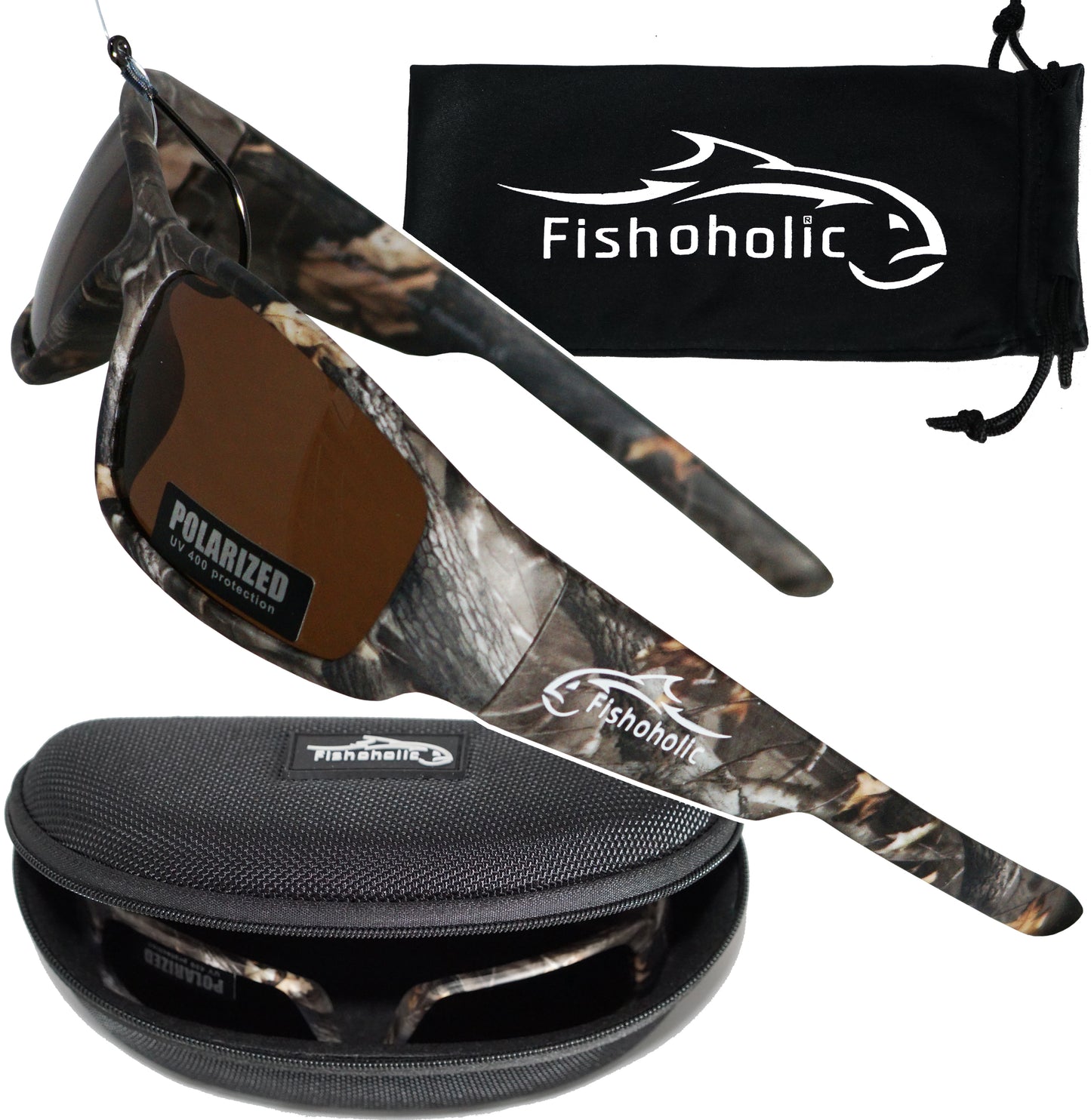 Fishoholic CAMO-Amb Sunglasses - UV400 Polarized Sunglasses w' Case & Pouch